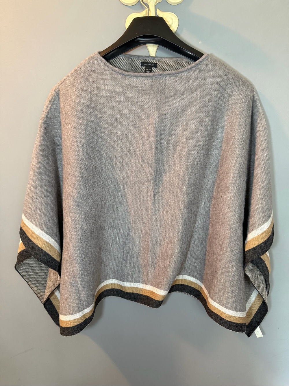 Ann Taylor Gray Striped Trim Poncho Sweater